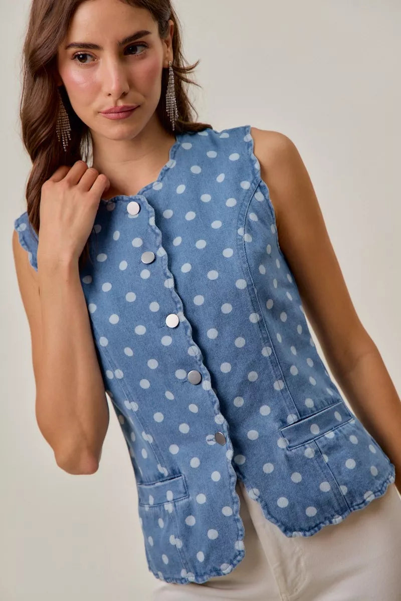 Polka Dot Denim Scallop Edge button Vest SO ME