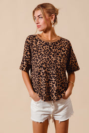 SO ME Leopard Thermal Waffle Knit Loose Fit Top