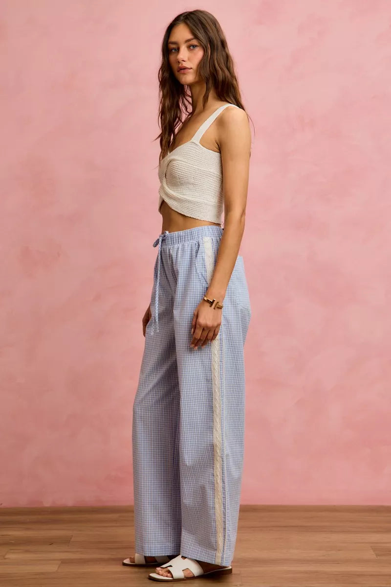 Wide Leg Pants With Side Lace Trim Check Pattern SO ME