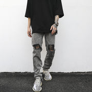 Washed Distressed Gray Ripped Slim-Fit Jeans for Men