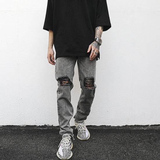 Washed Distressed Gray Ripped Slim-Fit Jeans for Men