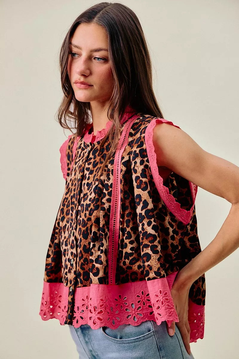 Leopard Button Up Pleated Sleeveless Blouse SO ME