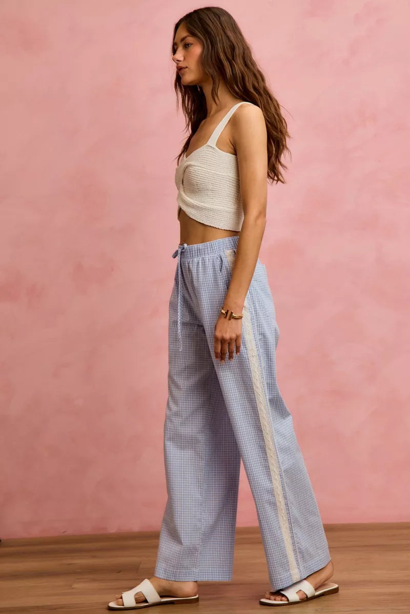 Wide Leg Pants With Side Lace Trim Check Pattern SO ME