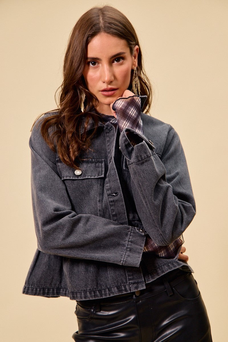 Denim Peplum Hem Front Button Jacket With Pockets SO ME