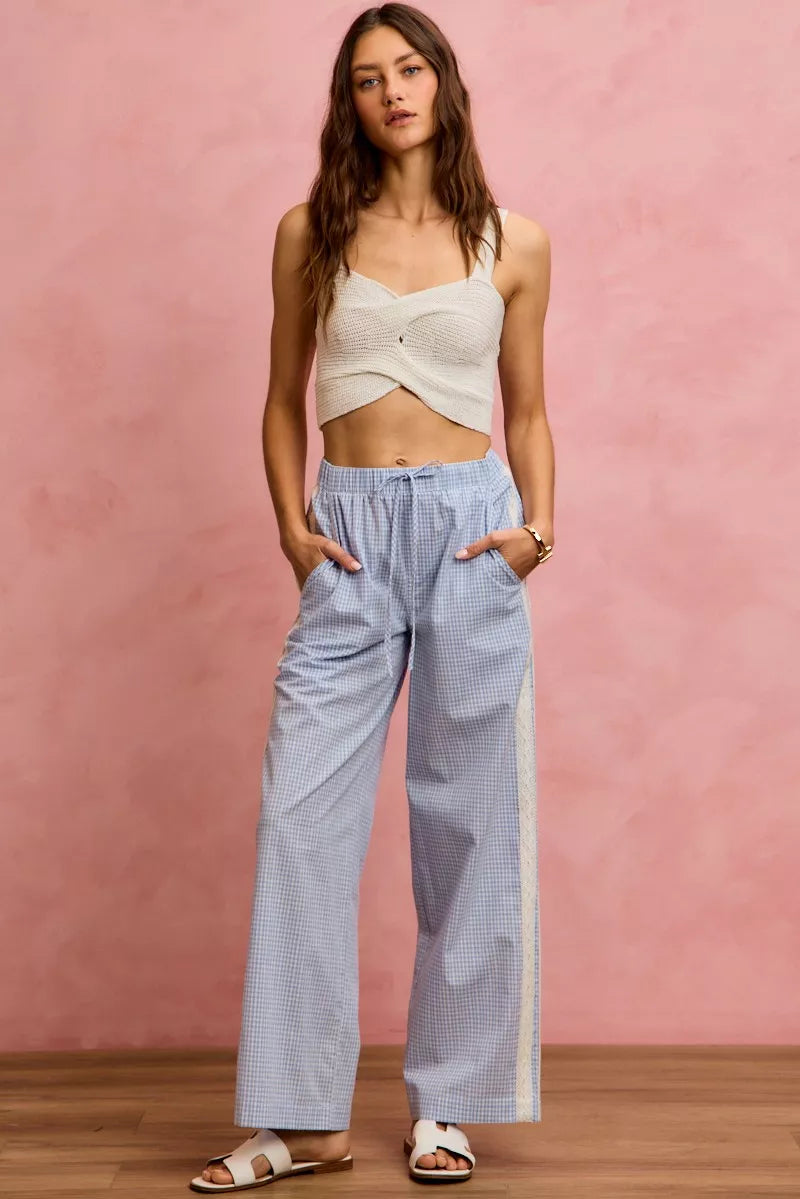 Wide Leg Pants With Side Lace Trim Check Pattern SO ME