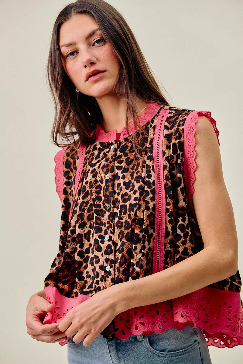 Leopard Button Up Pleated Sleeveless Blouse SO ME