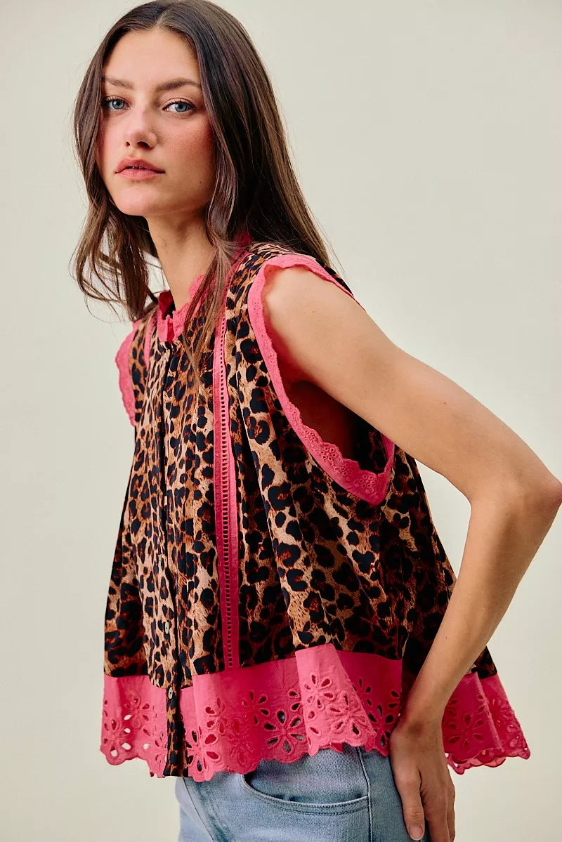 Leopard Button Up Pleated Sleeveless Blouse SO ME