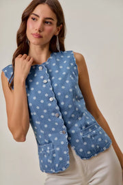 Polka Dot Denim Scallop Edge button Vest SO ME
