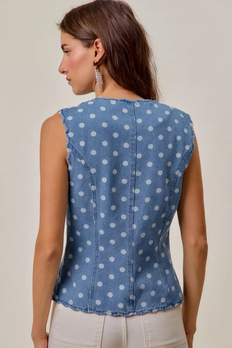 Polka Dot Denim Scallop Edge button Vest SO ME