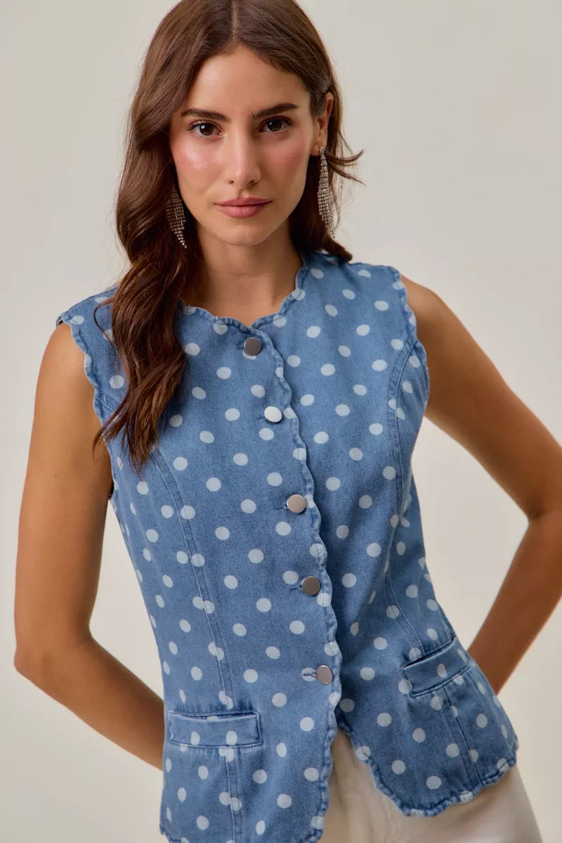 Polka Dot Denim Scallop Edge button Vest SO ME