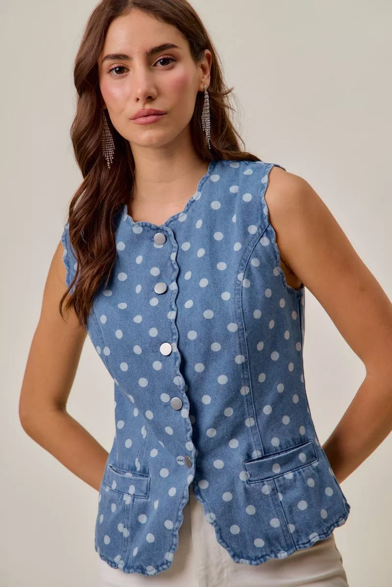 Polka Dot Denim Scallop Edge button Vest SO ME