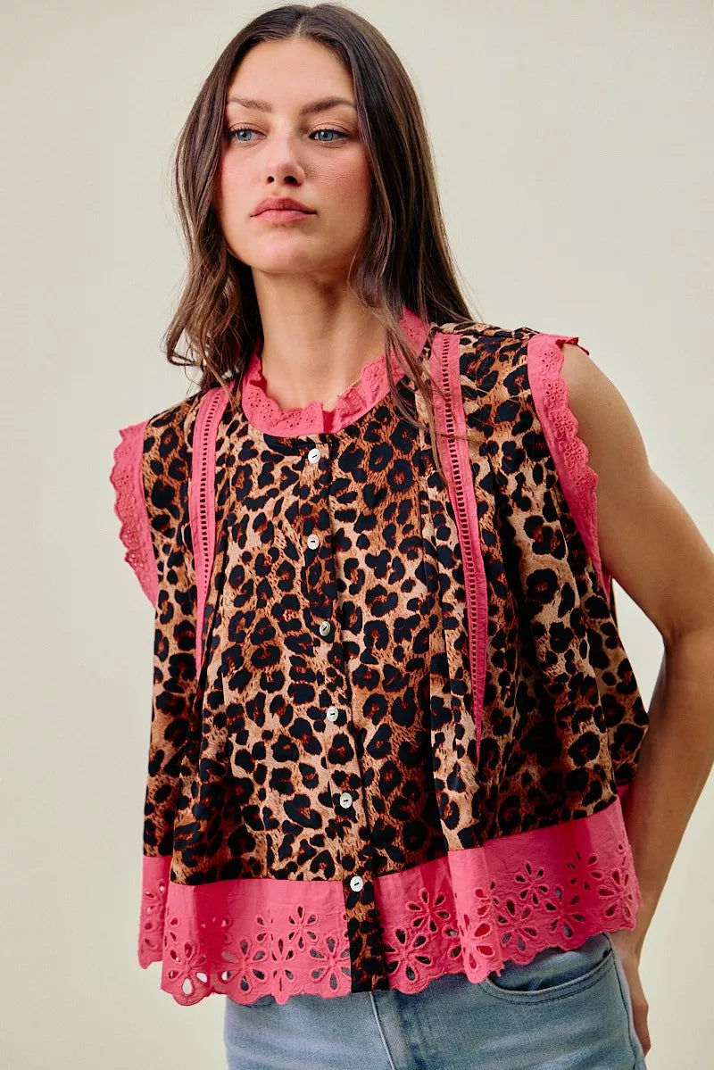 Leopard Button Up Pleated Sleeveless Blouse SO ME