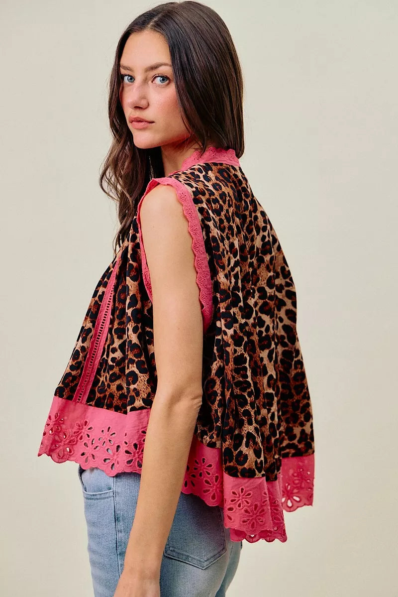 Leopard Button Up Pleated Sleeveless Blouse SO ME