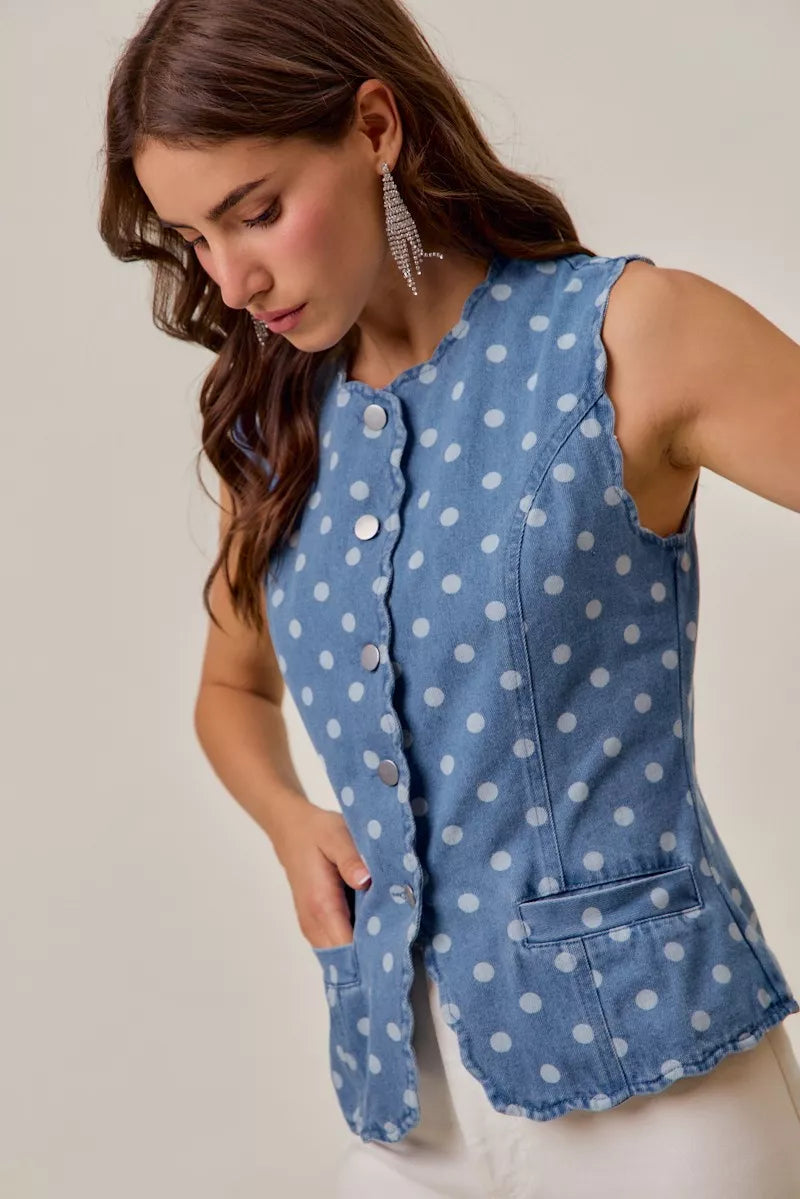 Polka Dot Denim Scallop Edge button Vest SO ME