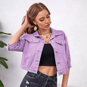 Women Denim Jacket Cropped Stretchy 3/4 Puff Sleeve