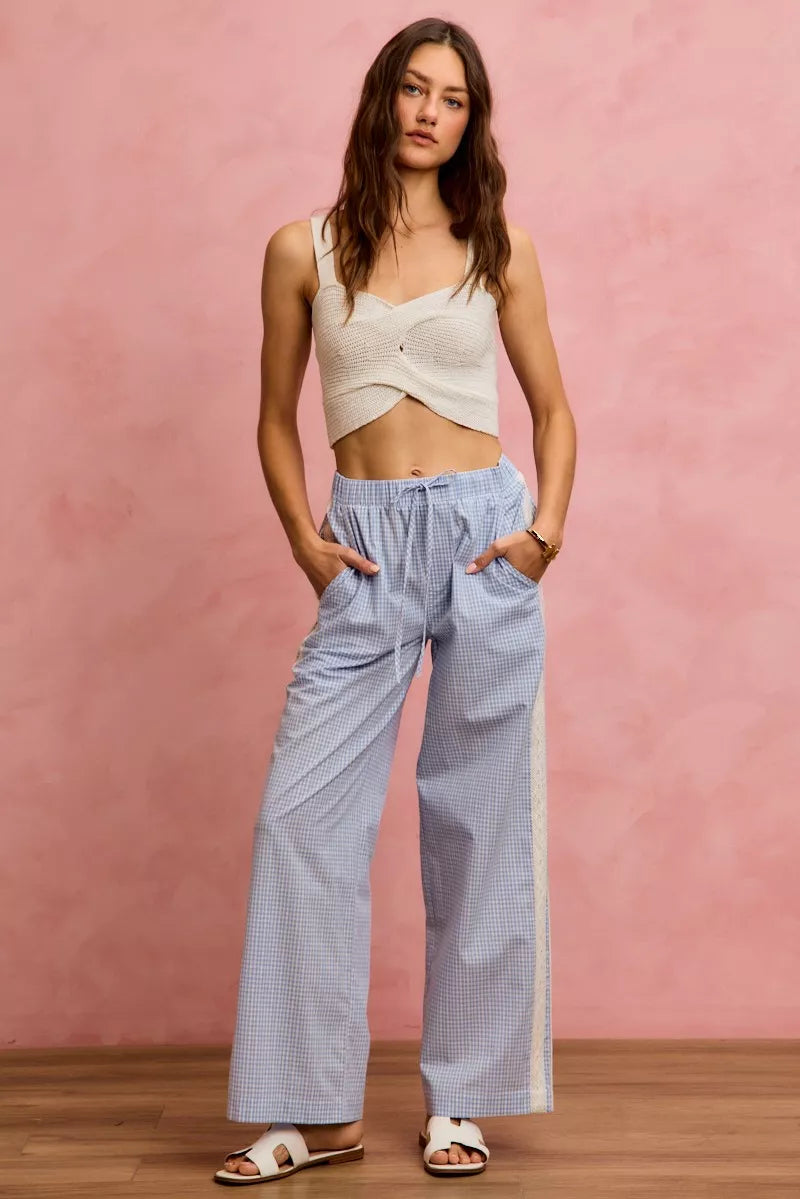 Wide Leg Pants With Side Lace Trim Check Pattern SO ME