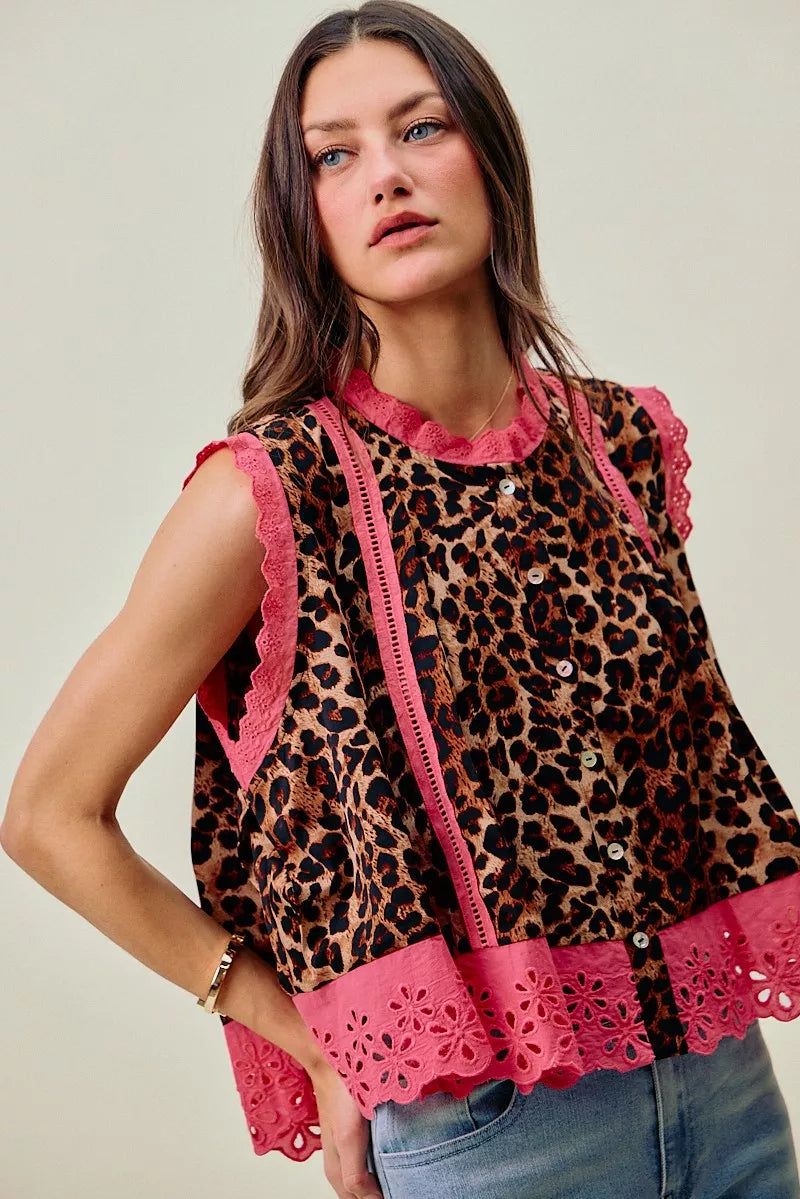 Leopard Button Up Pleated Sleeveless Blouse SO ME