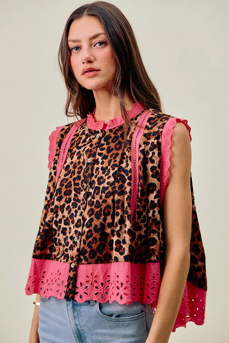 Leopard Button Up Pleated Sleeveless Blouse SO ME