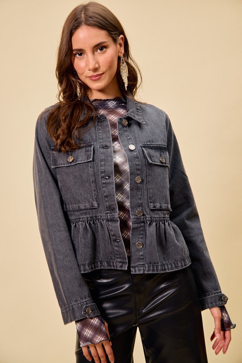 Denim Peplum Hem Front Button Jacket With Pockets SO ME