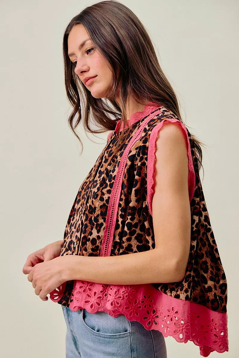 Leopard Button Up Pleated Sleeveless Blouse SO ME