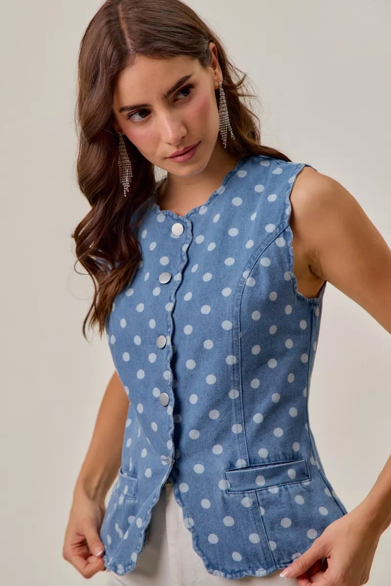 Polka Dot Denim Scallop Edge button Vest SO ME