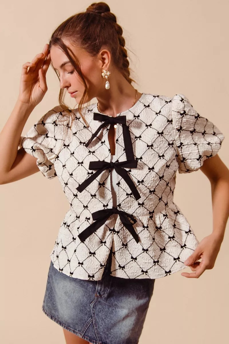 Bow Texture Woven Peplum Top With Contrast Tie SO ME
