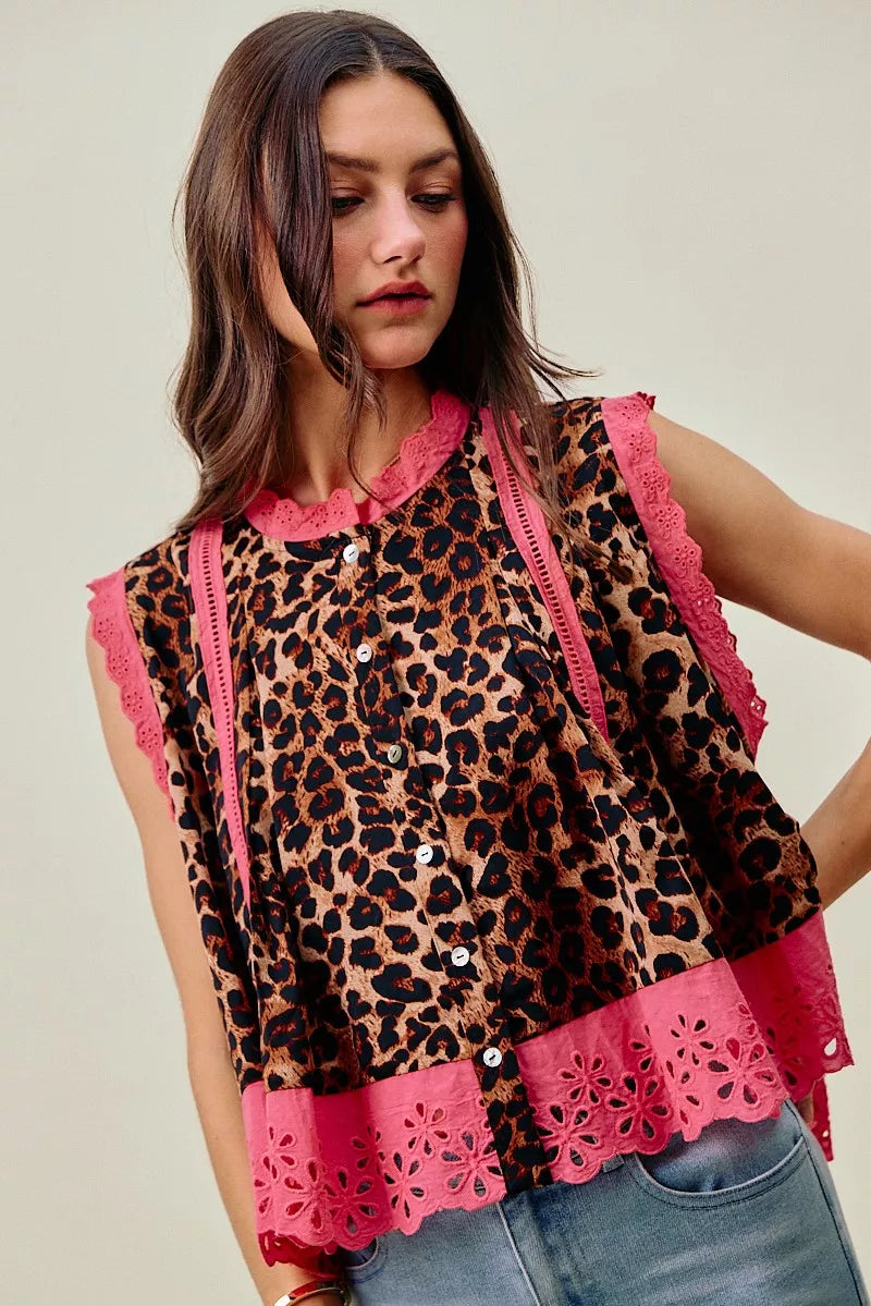 Leopard Button Up Pleated Sleeveless Blouse SO ME