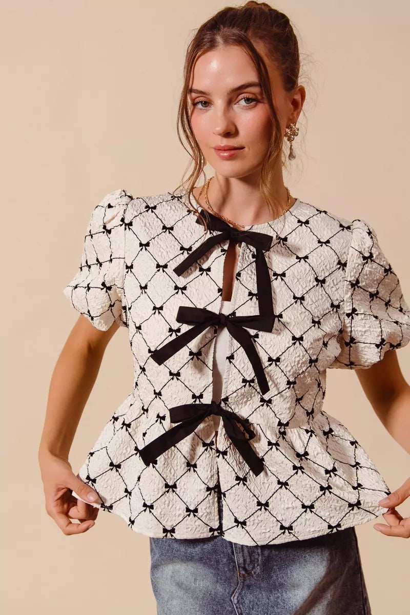 Bow Texture Woven Peplum Top With Contrast Tie SO ME