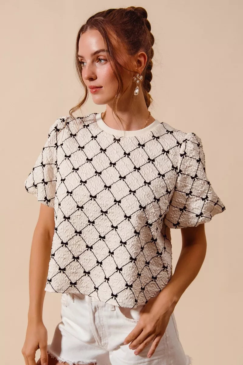 SO ME Bow Texture Woven Bubble Sleeve Top