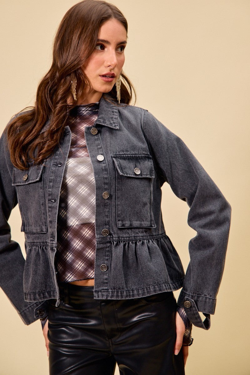 Denim Peplum Hem Front Button Jacket With Pockets SO ME