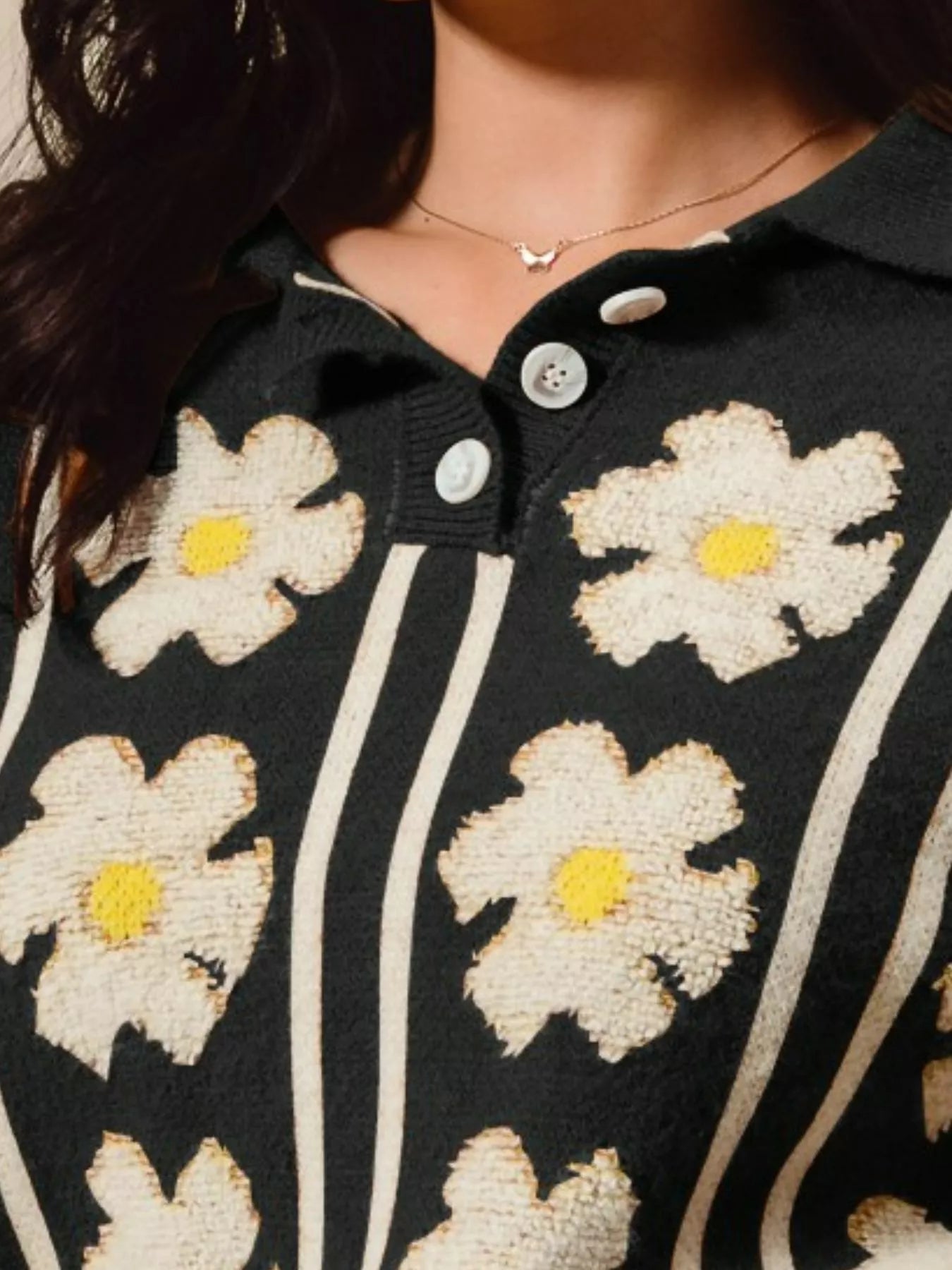 Floral Stripe Polo Collar Sweater SO ME