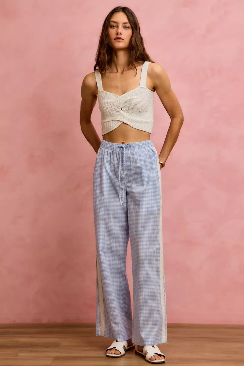 Wide Leg Pants With Side Lace Trim Check Pattern SO ME