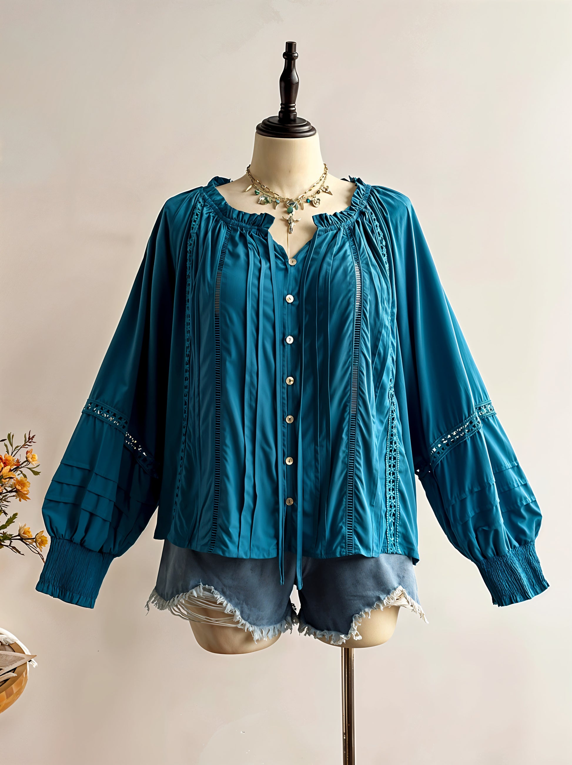 Plus Size Frill Pleated Lantern Sleeve Blouse