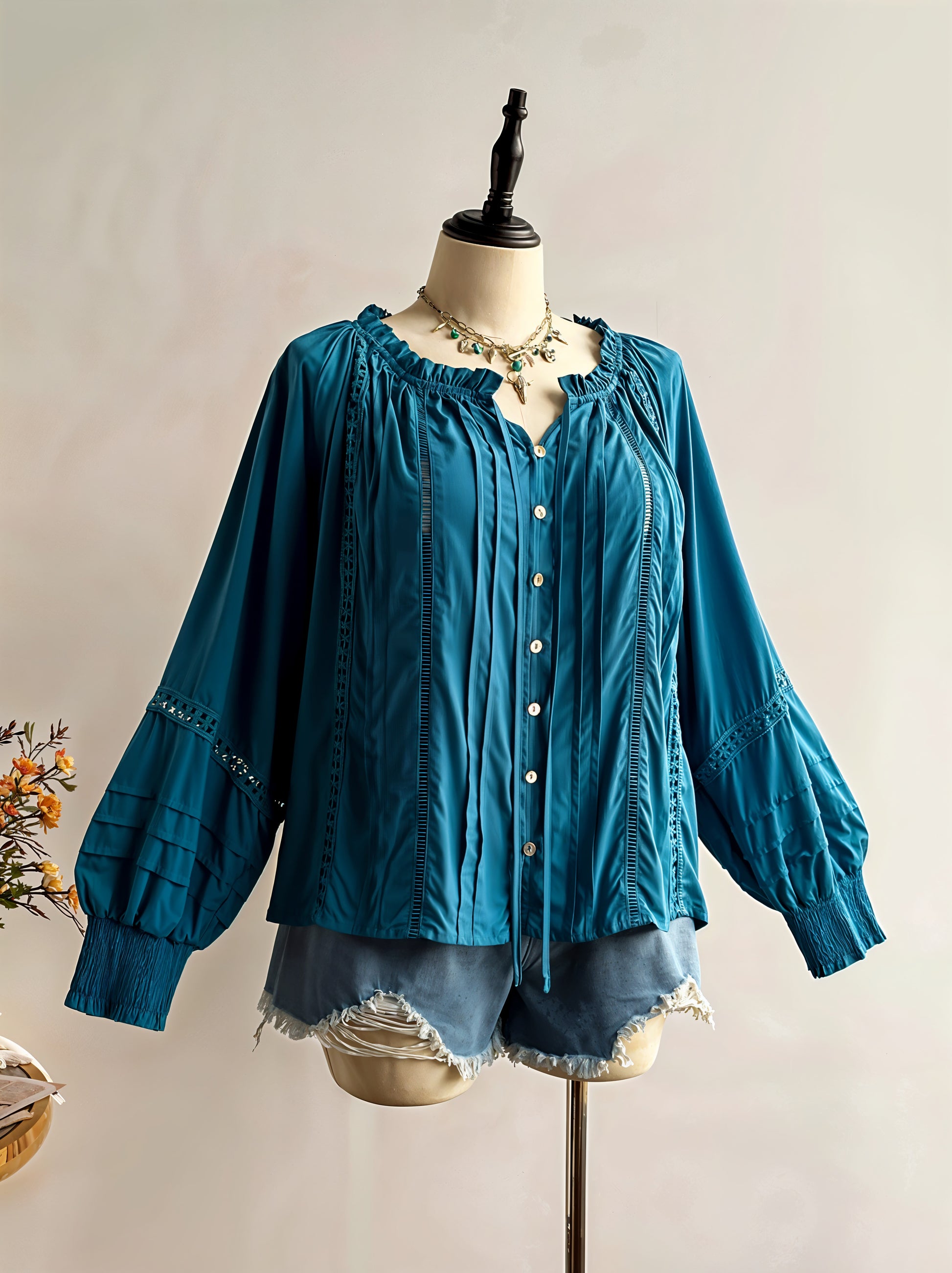 Plus Size Frill Pleated Lantern Sleeve Blouse