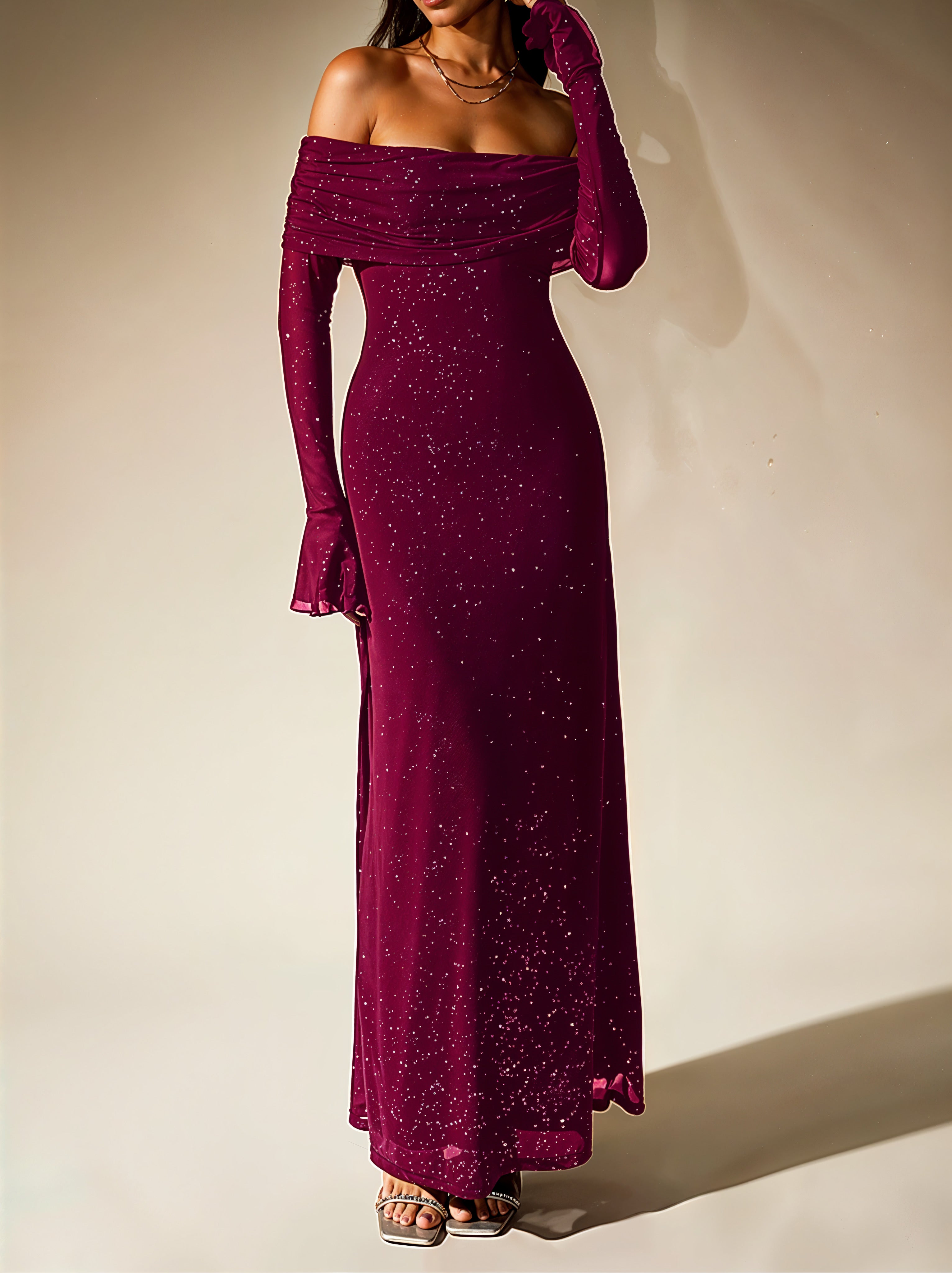 Glitter Off-Shoulder Maxi Dress