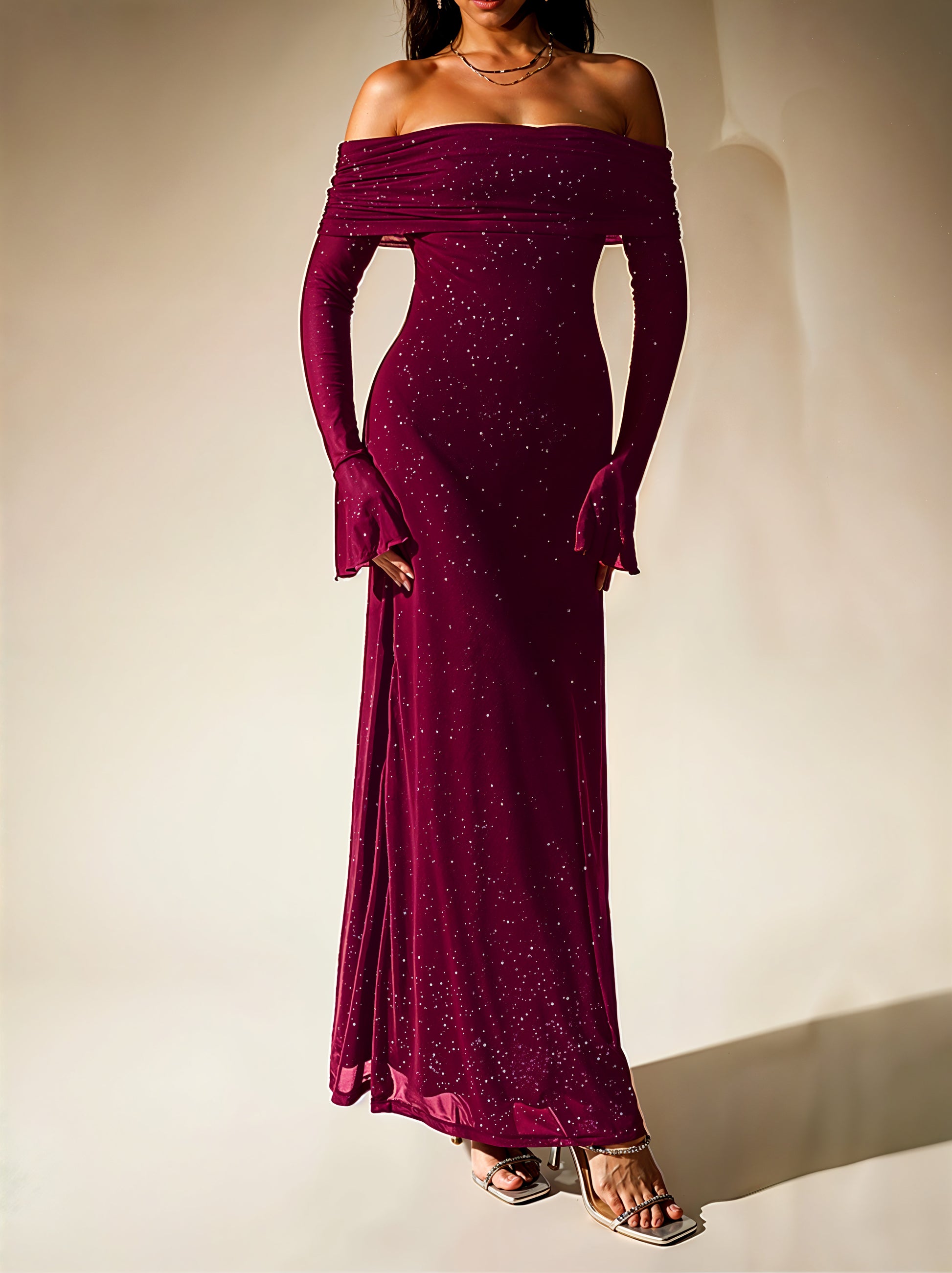 Glitter Off-Shoulder Maxi Dress
