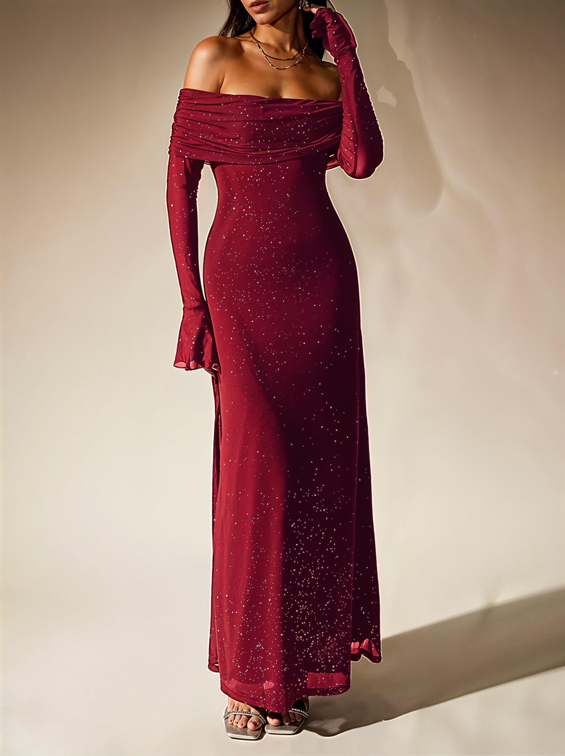 Glitter Off-Shoulder Maxi Dress