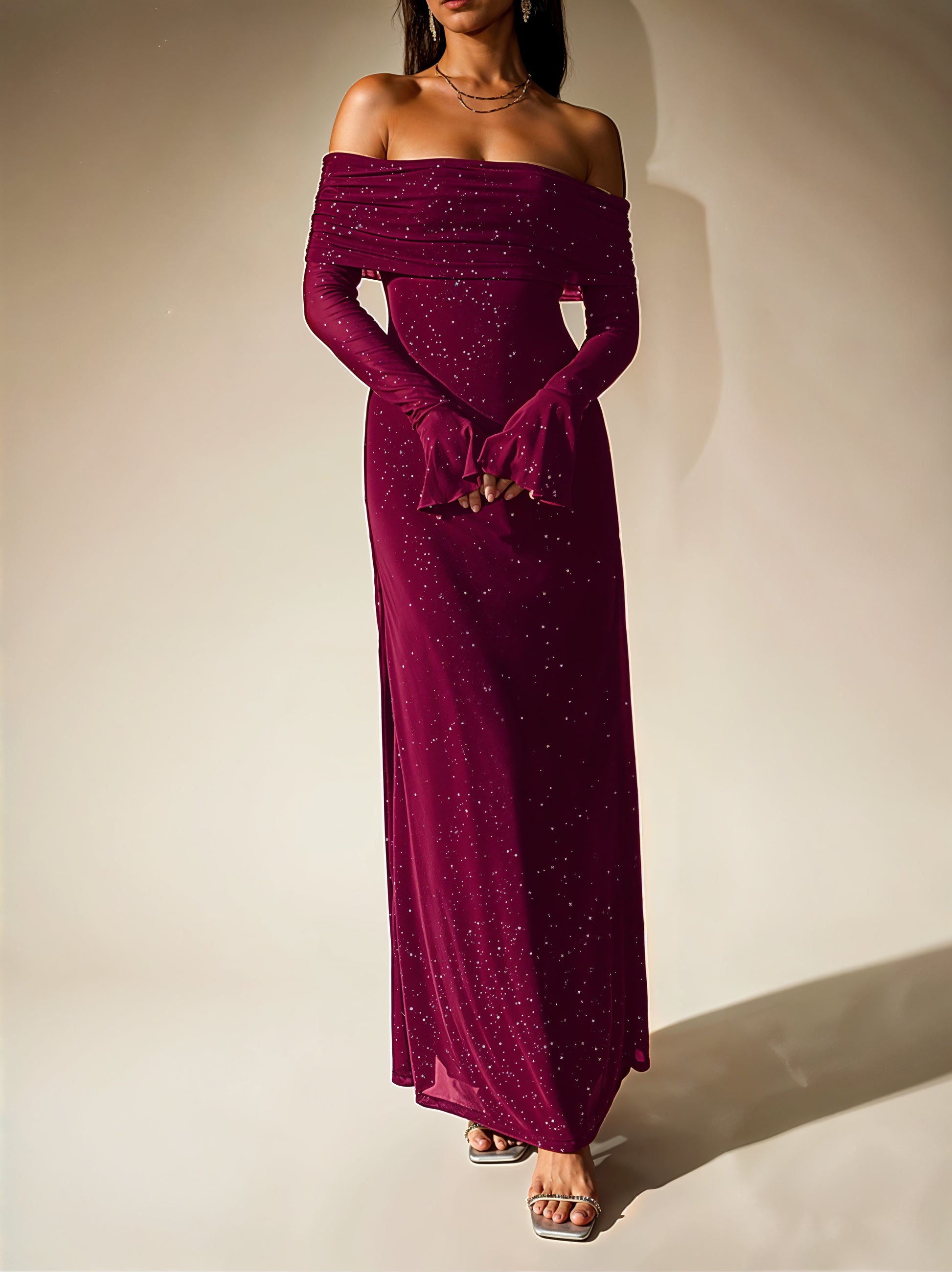 Glitter Off-Shoulder Maxi Dress