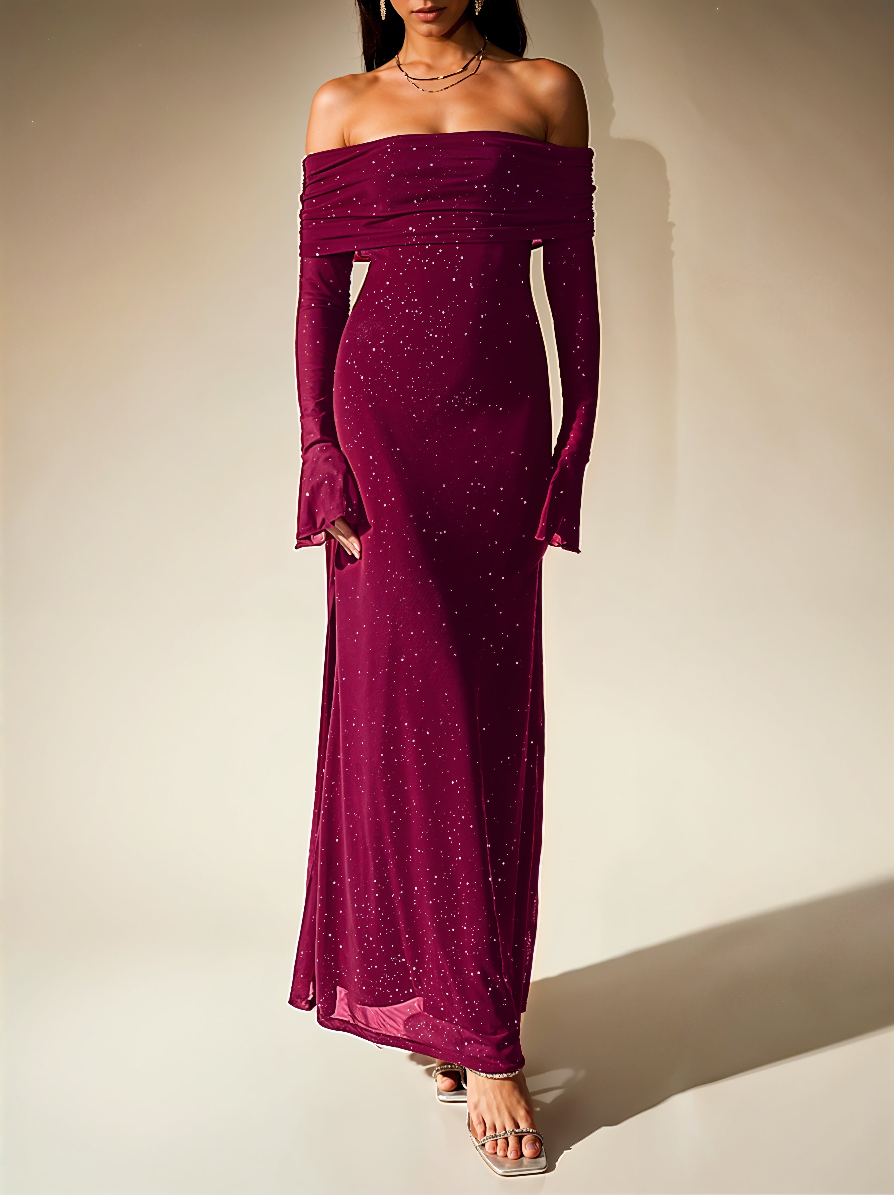 Glitter Off-Shoulder Maxi Dress