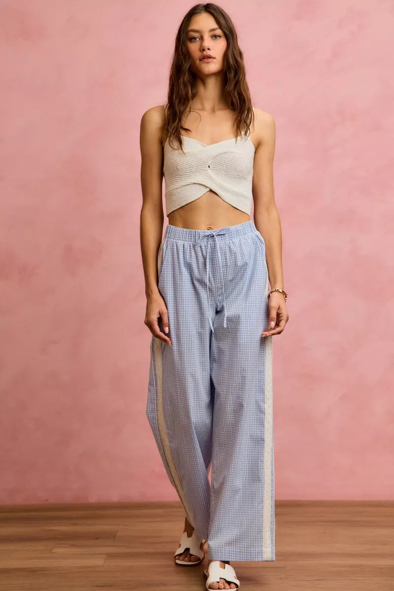 Wide Leg Pants With Side Lace Trim Check Pattern SO ME