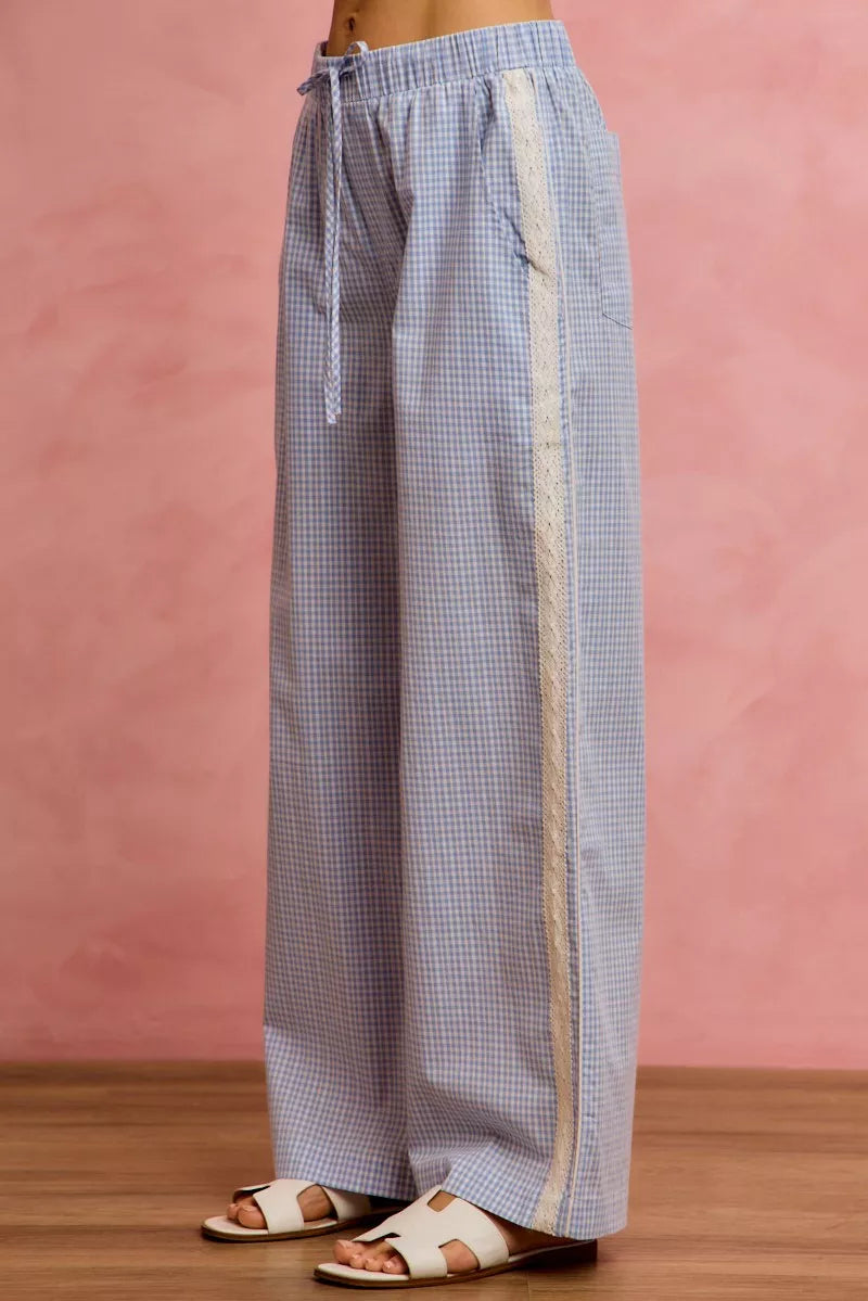 Wide Leg Pants With Side Lace Trim Check Pattern SO ME