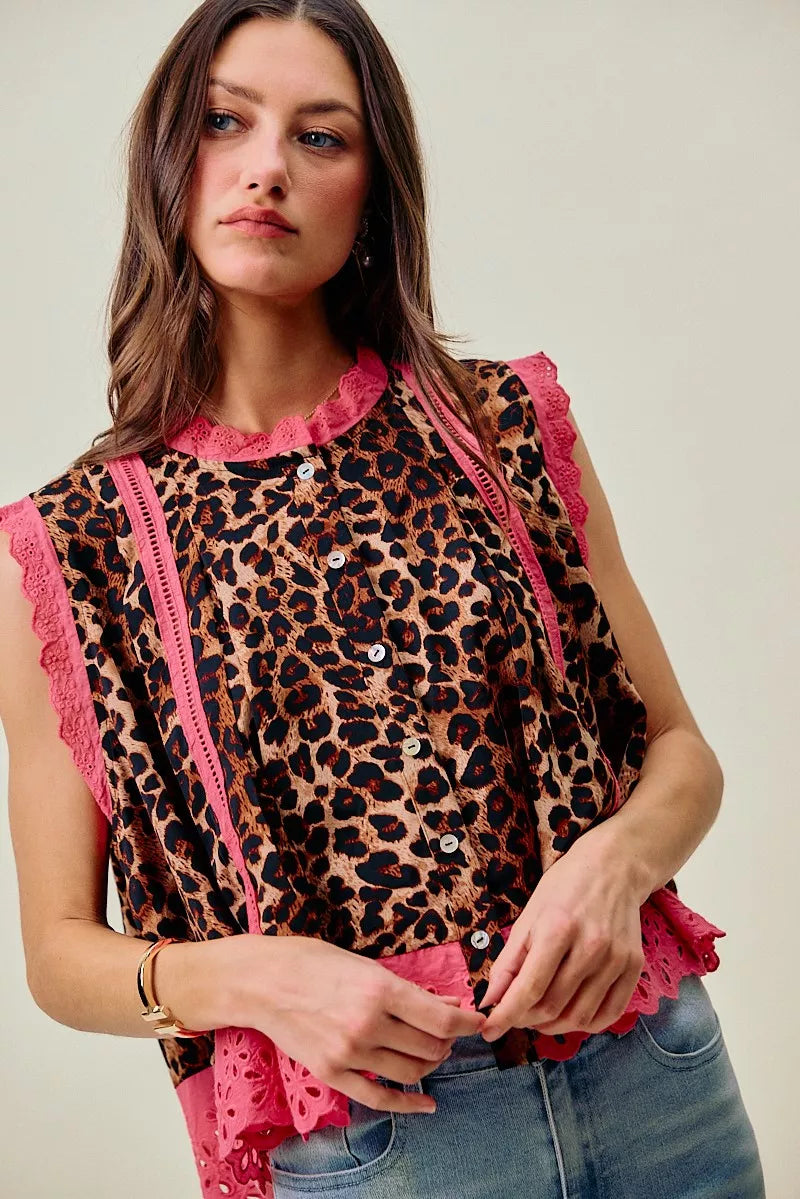 Leopard Button Up Pleated Sleeveless Blouse SO ME