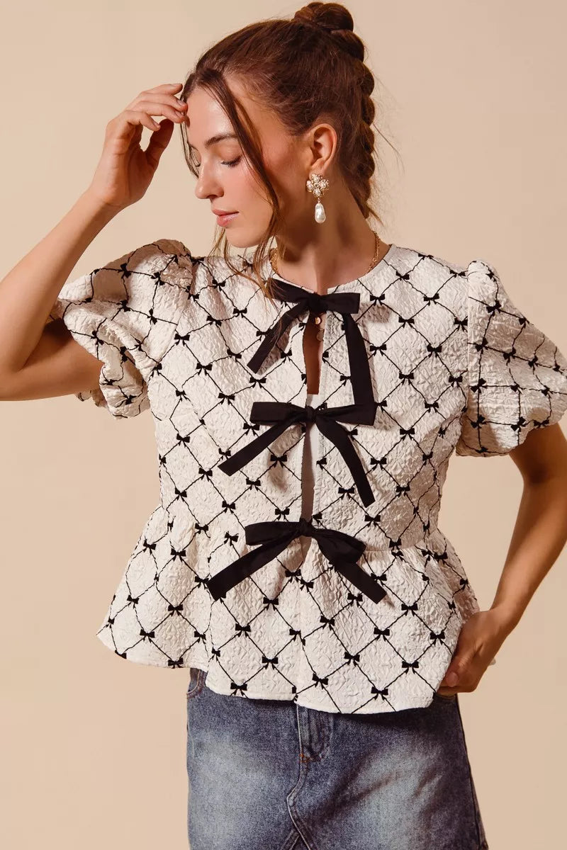 Bow Texture Woven Peplum Top With Contrast Tie SO ME