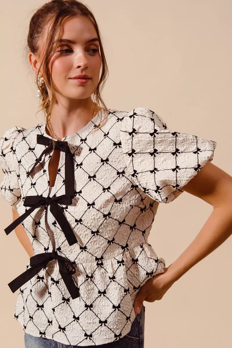 Bow Texture Woven Peplum Top With Contrast Tie SO ME