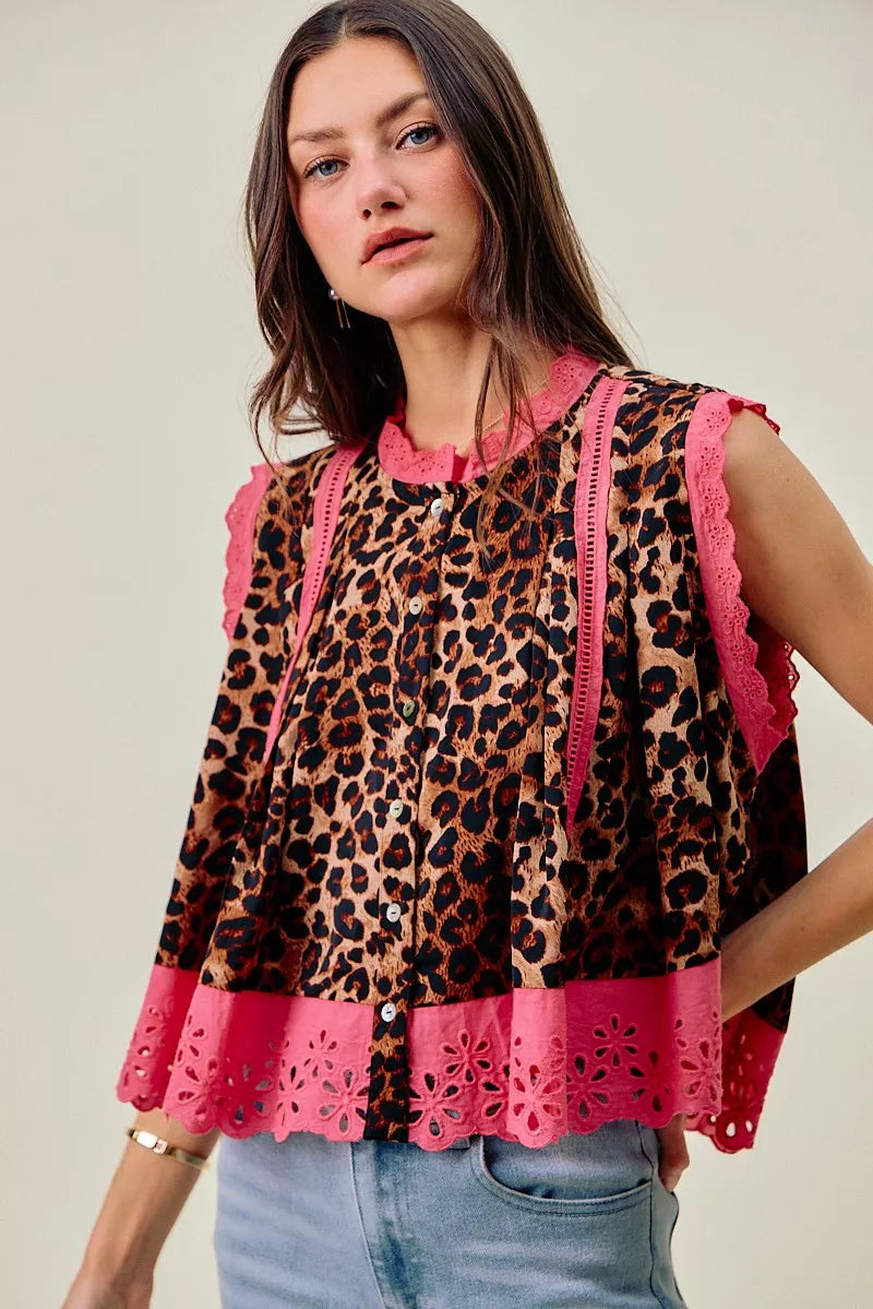 Leopard Button Up Pleated Sleeveless Blouse SO ME
