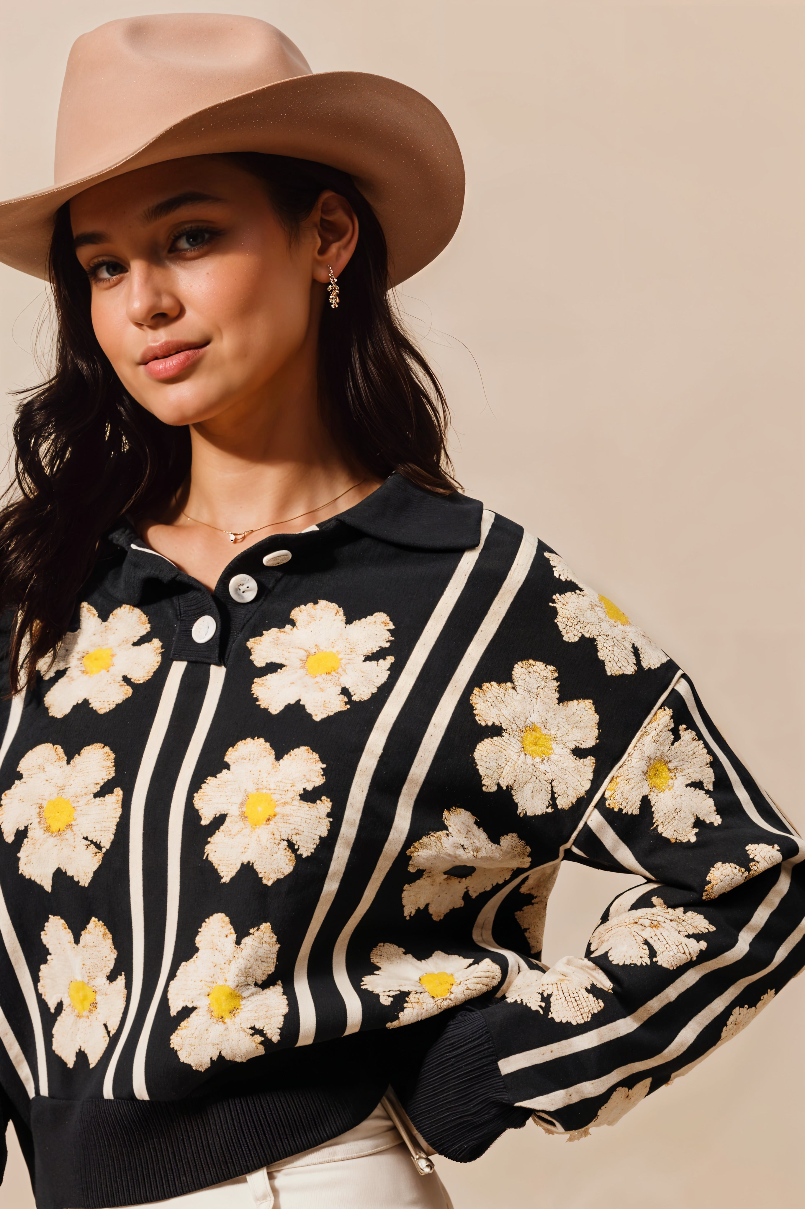 Floral Stripe Polo Collar Sweater SO ME