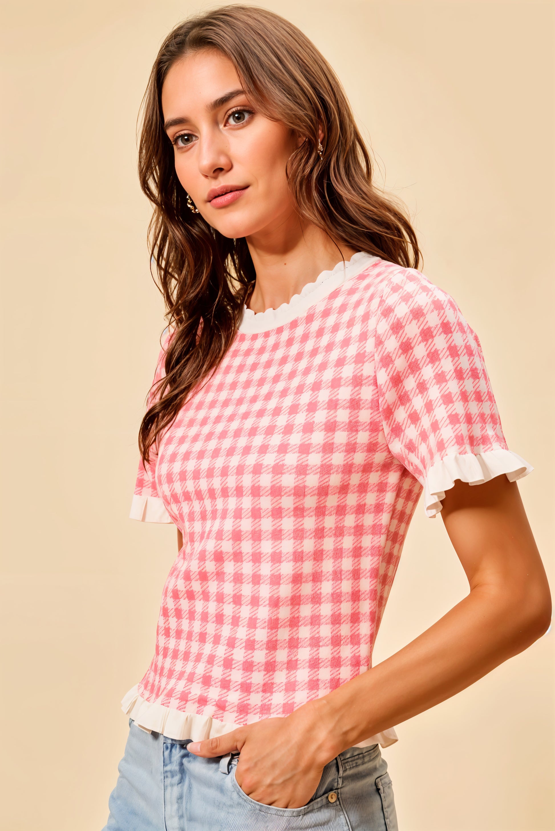 SO ME Gingham Knit Ruffled Short Sleeves Sweater Top