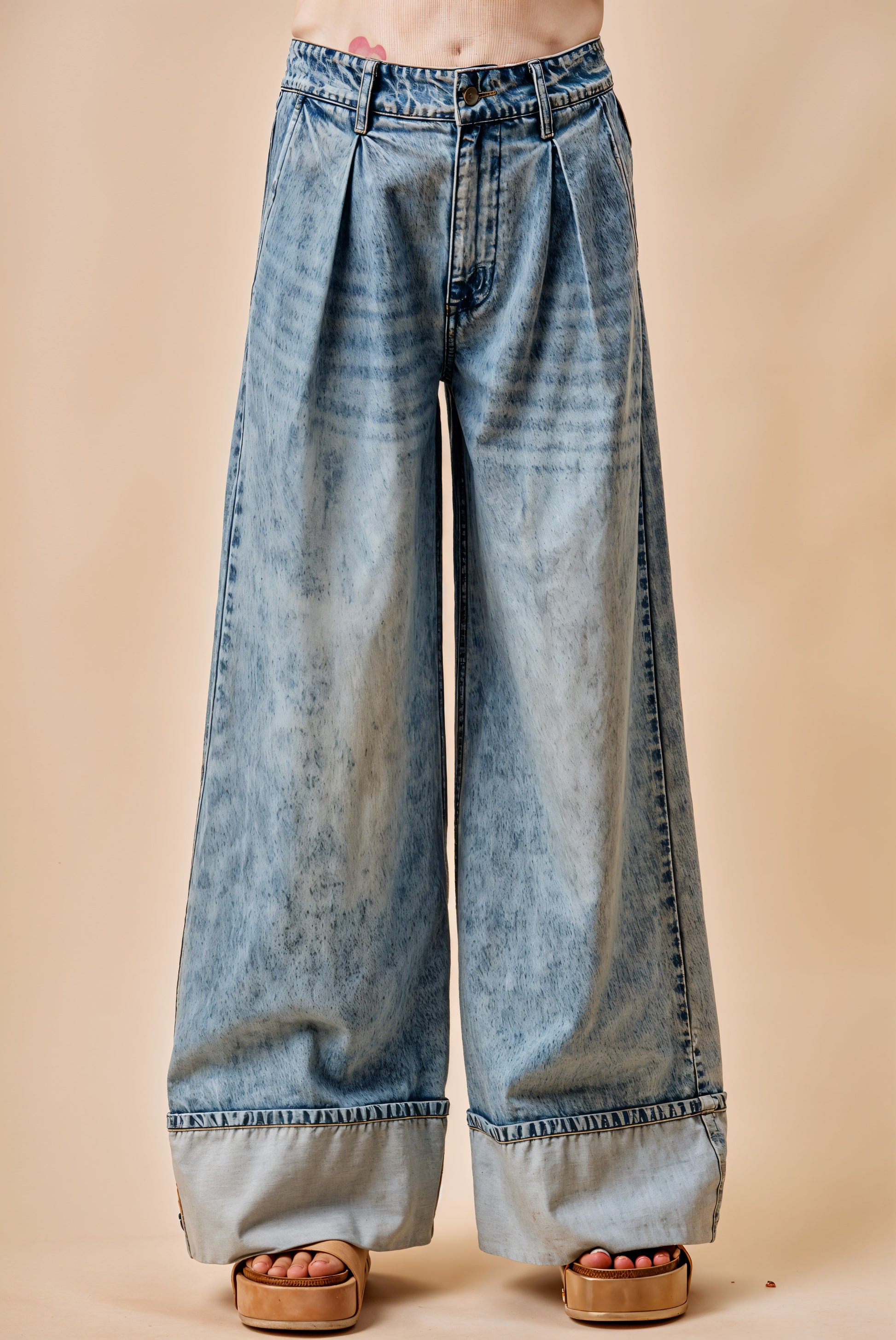SO ME Mid Rise Plated Wid Leg Denim Jean