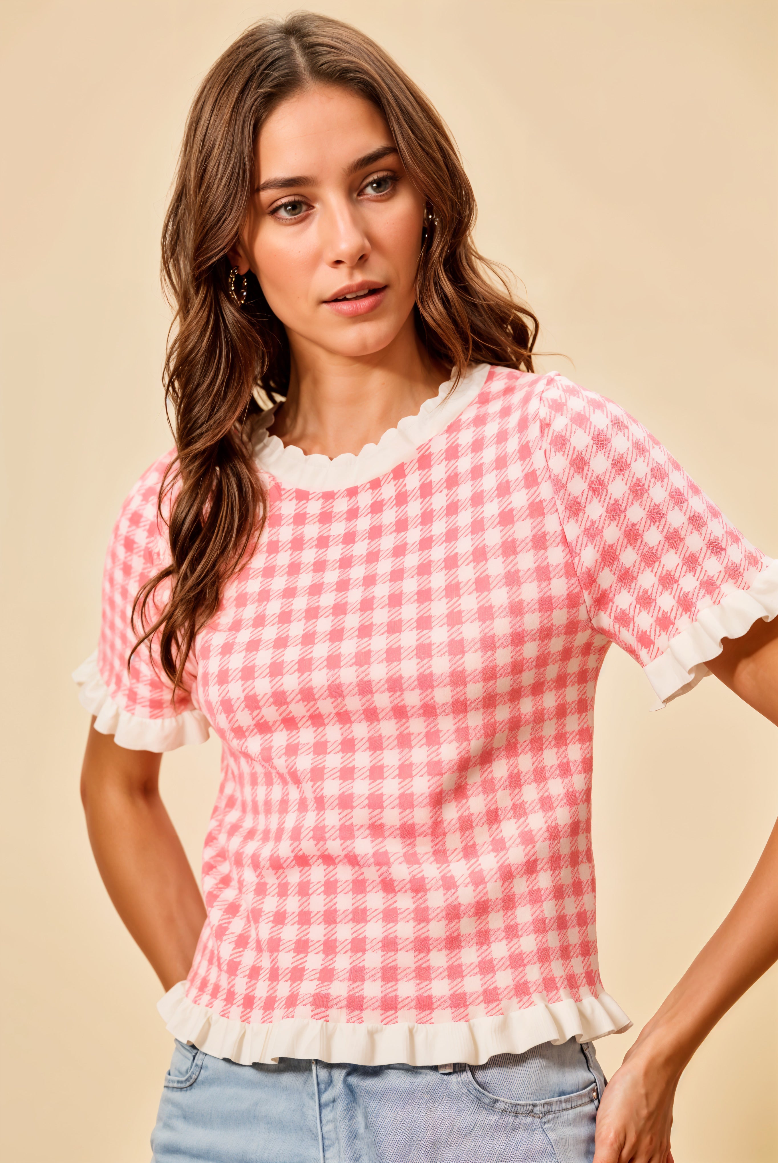 SO ME Gingham Knit Ruffled Short Sleeves Sweater Top