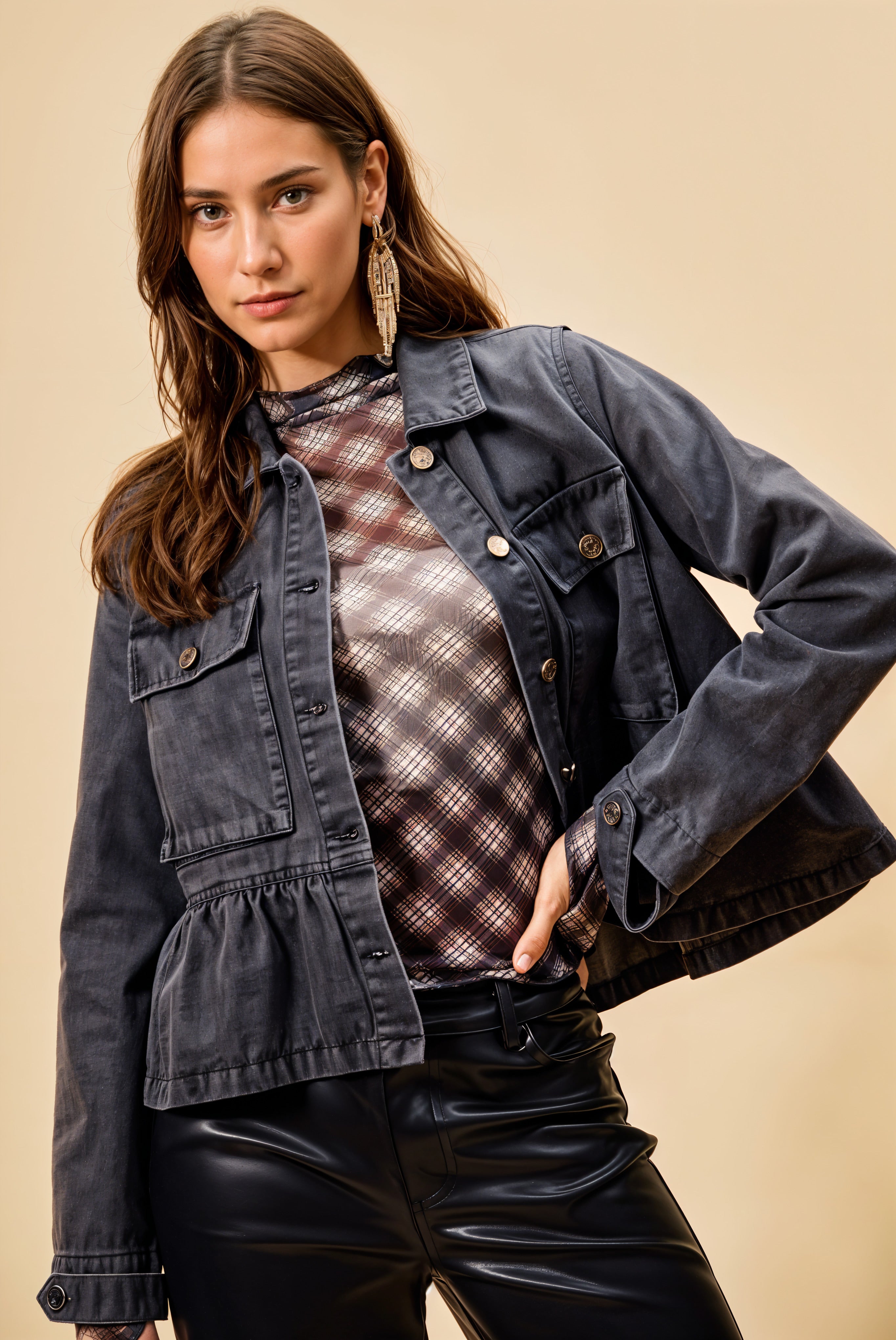 Denim Peplum Hem Front Button Jacket With Pockets SO ME
